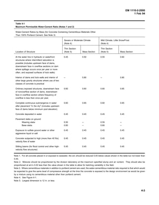EM 1110-2-2000
1 Feb 94
Table 4-1
Maximum Permissible Water-Cement Ratio (Notes 1 and 2)
Water-Cement Ratios by Mass (for Concrete Containing Cementitious Materials Other
Than 100% Portland Cement, See Note 3)
Severe or Moderate Climate
(Note 4)
Mild Climate, Little Snow/Frost
(Note 4)
Location of Structure
Thin Section
(Note 5) Mass Section
Thin Section
(Note 5) Mass Section
At the water line in hydraulic or waterfront
structures where intermittent saturation is
possible (includes upstream face of dams,
downstream face in overflow sections on dam
where spillage occurs once per year or more
often, and exposed surfaces of lock walls)
0.45 0.50 0.55 0.60
Interior of dams and lock walls and interior of
other large gravity structures where use of two
classes of concrete is practical
-- 0.80 -- 0.80
Ordinary exposed structures, downstream face
of nonoverflow section of dams, downstream
face in overflow section where frequency of
overflow is less than once per year.
0.60 0.60 0.60 0.65
Complete continuous submergence in water
after placement "in the dry" (includes upstream
face of dams below minimum pool elevation)
0.60 0.65 0.60 0.65
Concrete deposited in water 0.45 0.45 0.45 0.45
Pavement slabs on ground:
Wearing slabs
Base slabs
0.50
0.60
--
--
0.55
0.60
--
--
Exposure to sulfate ground water or other
aggressive liquid or salt
0.45 0.45 0.45 0.45
Concrete subjected to high (more than 40 ft/s)
velocity flow of water
0.45 0.45 0.45 0.45
Stilling basins (for flood control and other high-
velocity flow structures)
0.45 0.45 0.45 0.45
Note 1. For all concrete placed in or exposed to seawater, the w/c should be reduced 0.05 below values shown in the table but not lower than
0.45.
Note 2. Mixtures should be proportioned by the division laboratory at the maximum specified slump and air content. They should also be
proportioned at w/c’s 0.02 less than the value shown in the table to allow for batching variability in the field.
Note 3. Where cementitious materials in addition to portland cement are used, the water-cementitious material ratio required is that which would
be expected to give the same level of compressive strength at the time the concrete is exposed to the design environment as would be given
by a mixture using no cementitious material other than portland cement.
Note 4. See Figure 4-1.
Note 5. Largest dimension is 12 in. or less.
4-3
 