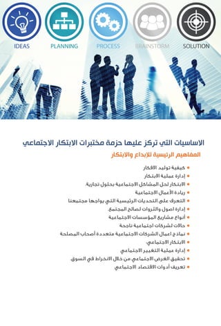 ‫ﺍﻻﺟﺘﻤﺎﻋﻲ‬ ‫ﺍﻻﺑﺘﻜﺎﺭ‬ ‫ﻣﺨﺘﺒﺮﺍﺕ‬ ‫ﺣﺰﻣﺔ‬ ‫ﻋﻠﻴﻬﺎ‬ ‫ﺗﺮﻛﺰ‬ ‫ﺍﻟﺘﻲ‬ ‫ﺍﻻﺳﺎﺳﻴﺎﺕ‬
‫ﻭﺍﻻﺑﺘﻜﺎﺭ‬ ‫ﻟﻺﺑﺪﺍﻉ‬ ‫ﺍﻟﺮﺋﻴﺴﻴﺔ‬ ‫ﺍﻟﻤﻔﺎﻫﻴﻢ‬
●‫اﻻﻓﻜﺎر‬ ‫ﺗﻮﻟﻴﺪ‬ ‫ﻛﻴﻔﻴﺔ‬
●‫اﻻﺑﺘﻜﺎر‬ ‫ﻋﻤﻠﻴﺔ‬ ‫إدارة‬
●.‫ﺗﺠﺎرﻳﺔ‬ ‫ﺑﺤﻠﻮل‬ ‫اﻻﺟﺘﻤﺎﻋﻴﺔ‬ ‫اﻟﻤﺸﺎﻛﻞ‬ ‫ﻟﺤﻞ‬ ‫اﻻﺑﺘﻜﺎر‬
●‫اﻻﺟﺘﻤﺎﻋﻴﺔ‬ ‫ﻋﻤﺎل‬ ‫ا‬ ‫رﻳﺎدة‬
●‫ﻣﺠﺘﻤﻌﻨﺎ‬ ‫ﻳﻮاﺟﻬﺎ‬ ‫اﻟﺘﻲ‬ ‫اﻟﺮﺋﻴﺴﻴﺔ‬ ‫اﻟﺘﺤﺪﻳﺎت‬ ‫ﻋﻠﻰ‬ ‫اﻟﺘﻌﺮف‬
●.‫اﻟﻤﺠﺘﻤﻊ‬ ‫ﻟﺼﺎﻟﺢ‬ ‫واﻟﺜﺮوات‬ ‫اﺻﻮل‬ ‫إدارة‬
●‫اﻻﺟﺘﻤﺎﻋﻴﺔ‬ ‫اﻟﻤﺆﺳﺴﺎت‬ ‫ﻣﺸﺎرﻳﻊ‬ ‫أﻧﻮاع‬
●‫ﻧﺎﺟﺤﺔ‬ ‫اﺟﺘﻤﺎﻋﻴﺔ‬ ‫ﻟﺸﺮﻛﺎت‬ ‫ﺣﺎﻻت‬
●‫اﻟﻤﺼﻠﺤﺔ‬ ‫أﺻﺤﺎب‬ ‫ﻣﺘﻌﺪدة‬ ‫اﻻﺟﺘﻤﺎﻋﻴﺔ‬ ‫اﻟﺸﺮﻛﺎت‬ ‫اﻋﻤﺎل‬ ‫ﻧﻤﺎذج‬
●:‫اﻻﺟﺘﻤﺎﻋﻲ‬ ‫اﻻﺑﺘﻜﺎر‬
●‫اﻻﺟﺘﻤﺎﻋﻲ‬ ‫اﻟﺘﻐﻴﻴﺮ‬ ‫ﻋﻤﻠﻴﺔ‬ ‫إدارة‬
●.‫اﻟﺴﻮق‬ ‫ﻓﻲ‬ ‫اﻻﻧﺨﺮاط‬ ‫ﺧﻼل‬ ‫ﻣﻦ‬ ‫اﻻﺟﺘﻤﺎﻋﻲ‬ ‫اﻟﻐﺮض‬ ‫ﺗﺤﻘﻴﻖ‬
●‫اﻻﺟﺘﻤﺎﻋﻲ‬ ‫اﻻﻗﺘﺼﺎد‬ ‫أدوات‬ ‫ﺗﻌﺮﻳﻒ‬
 