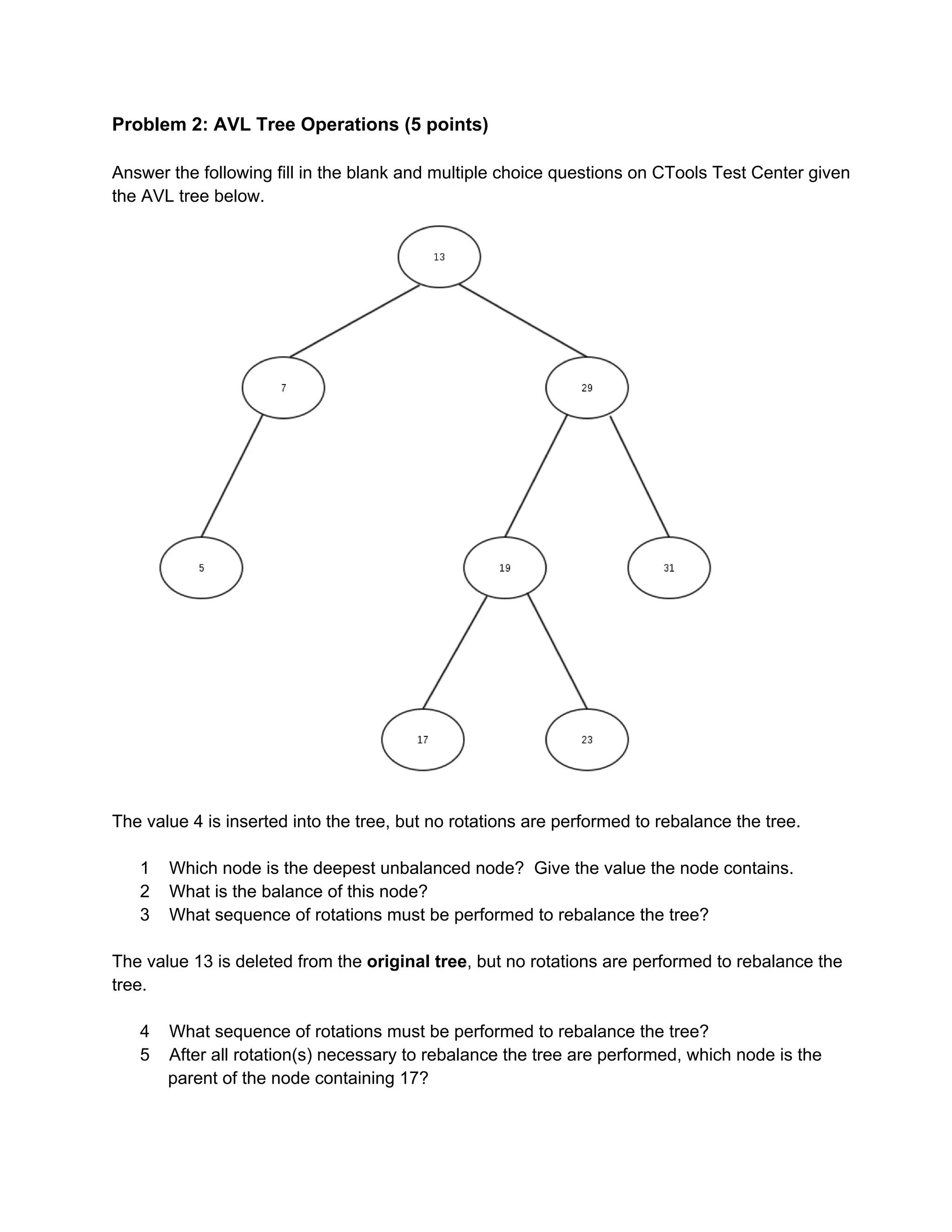 Problem 2: AVL Tree Operations (5 points) 
Answer the following fill in the blank and multiple choice questions on CTools Test Center given 
the AVL tree below. 
 
The value 4 is inserted into the tree, but no rotations are performed to rebalance the tree.   
 
1 Which node is the deepest unbalanced node?  Give the value the node contains.  
2 What is the balance of this node?   
3 What sequence of rotations must be performed to rebalance the tree?   
 
The value 13 is deleted from the original tree, but no rotations are performed to rebalance the 
tree. 
 
4 What sequence of rotations must be performed to rebalance the tree?   
5 After all rotation(s) necessary to rebalance the tree are performed, which node is the 
parent of the node containing 17?   
 
 