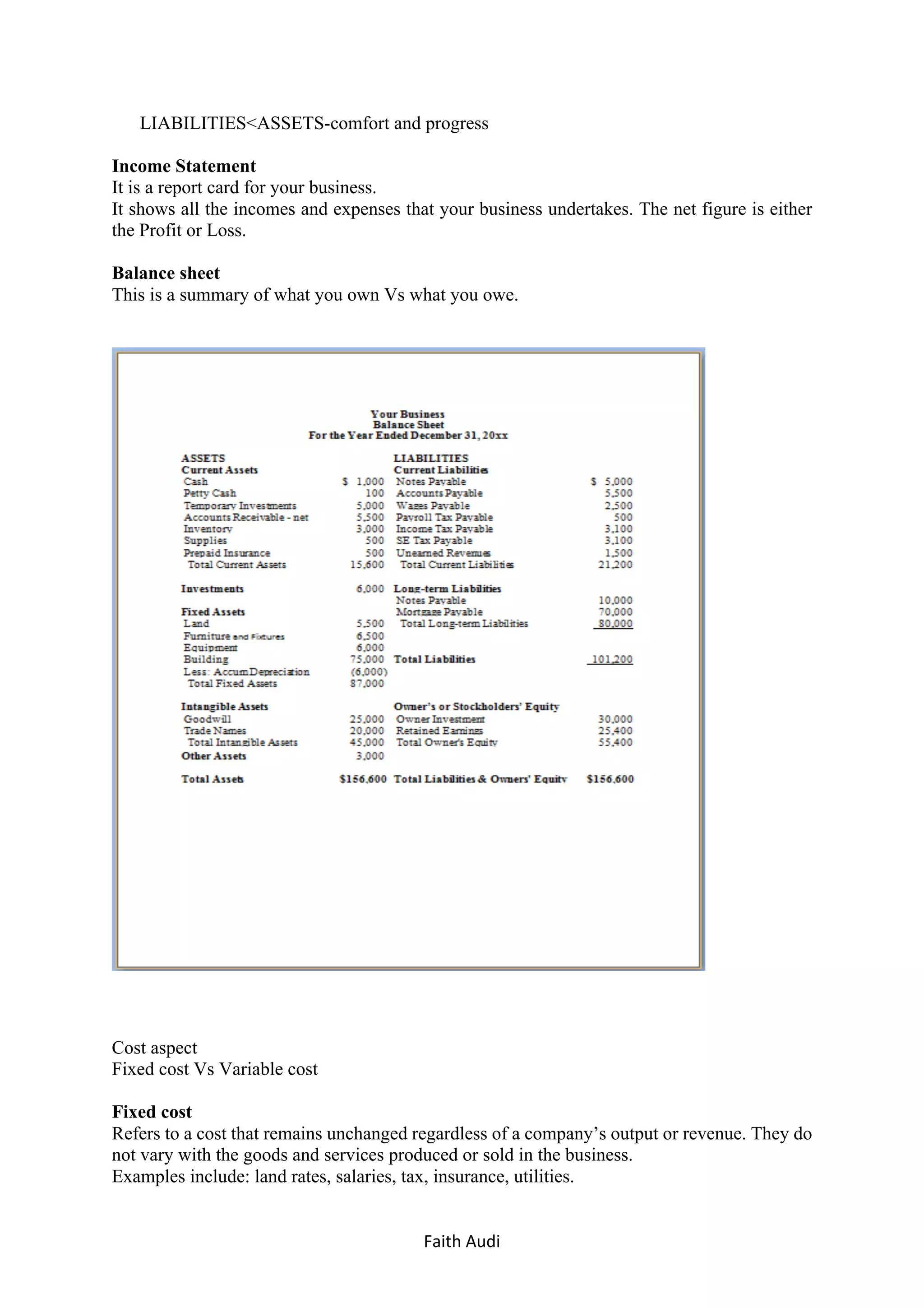 Faith	Audi	 	
LIABILITIES<ASSETS-comfort and progress
Income Statement
It is a report card for your business.
It shows all the incomes and expenses that your business undertakes. The net figure is either
the Profit or Loss.
Balance sheet
This is a summary of what you own Vs what you owe.
Cost aspect
Fixed cost Vs Variable cost
Fixed cost
Refers to a cost that remains unchanged regardless of a company’s output or revenue. They do
not vary with the goods and services produced or sold in the business.
Examples include: land rates, salaries, tax, insurance, utilities.
 