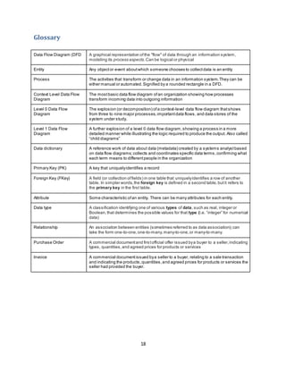 18
Glossary
Data Flow Diagram (DFD A graphical representation ofthe "flow" of data through an information system,
modeling its process aspects.Can be logical or physical
Entity Any objector event aboutwhich someone chooses to collectdata is an entity
Process The activities that transform or change data in an information system.They can be
either manual or automated.Signified by a rounded rectangle in a DFD.
Context Level Data Flow
Diagram
The mostbasic data flow diagram ofan organization showing how processes
transform incoming data into outgoing information
Level 0 Data Flow
Diagram
The explosion (or decomposition) ofa context-level data flow diagram thatshows
from three to nine major processes,importantdata flows, and data stores of the
system under study.
Level 1 Data Flow
Diagram
A further explosion of a level 0 data flow diagram,showing a process in a more
detailed manner while illustrating the logic required to produce the output. Also called
“child diagrams”
Data dictionary A reference work of data about data (metadata) created by a systems analystbased
on data flow diagrams;collects and coordinates specific data terms,confirming what
each term means to differentpeople in the organization
Primary Key (PK) A key that uniquelyidentifies a record
Foreign Key (FKey) A field (or collection offields) in one table that uniquelyidentifies a row of another
table. In simpler words,the foreign key is defined in a second table,butit refers to
the primary key in the first table.
Attribute Some characteristic ofan entity. There can be many attributes for each entity.
Data type A classification identifying one of various types of data, such as real, integer or
Boolean,that determines the possible values for that type (i.e. “integer” for numerical
data)
Relationship An association between entities (sometimes referred to as data association);can
take the form one-to-one,one-to-many,many-to-one,or many-to-many.
Purchase Order A commercial documentand firstofficial offer issued bya buyer to a seller,indicating
types, quantities,and agreed prices for products or services
Invoice A commercial documentissued bya seller to a buyer, relating to a sale transaction
and indicating the products,quantities,and agreed prices for products or services the
seller had provided the buyer.
 