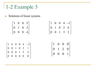 1-2 Example 3
 Solutions of linear systems










4
0
0
0
2
0
1
0
5
0
0
1










1
0
0
0
0
2
1
0
0
0
0
1









 
2
6
1
3
1
0
0
2
0
1
0
4
0
0
1











 
0
0
0
0
0
0
2
5
1
0
0
0
1
3
0
1
0
0
2
4
0
0
6
1
 