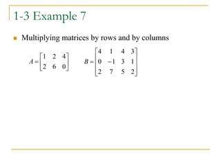 1-3 Example 7
 Multiplying matrices by rows and by columns







0
6
2
4
2
1
A












2
5
7
2
1
3
1
0
3
4
1
4
B
 