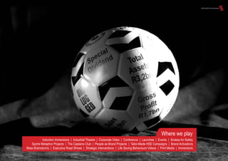 Induction Immersions | Industrial Theatre | Corporate Video | Conference | Launches | Events | Snakes for Safety
Sports Metaphor Projects | The Captains Club | People as Brand Projects | Tailor-Made HSE Campaigns | Brand Activations
Mass Brainstorms | Executive Road Shows | Strategic Interventions | Life Saving Behaviours Videos | Print Media | Immersions
Where we play
 