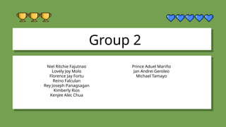 Niel Ritchie Fajutnao
Lovely Joy Molo
Group 2
Florence Jay Fortu
Reino Falculan
Rey Joseph Panagsagan
Kimberly Rios
Kenjee Alec Chua
Prince Aduel Mariño
Jan Andrei Geroleo
Michael Tamayo
 