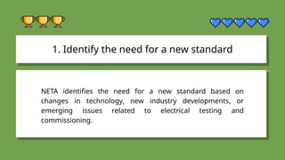 1. Identify the need for a new standard
NETA identifies the need for a new standard based on
changes in technology, new industry developments, or
emerging issues related to electrical testing and
commissioning.
 