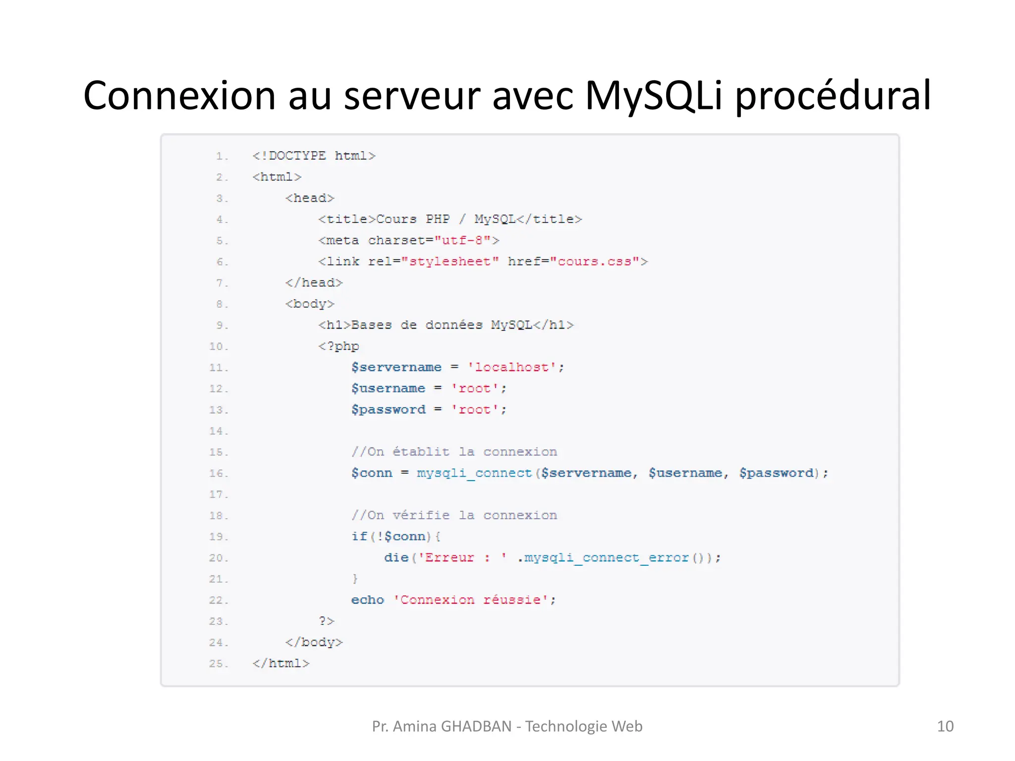 Connexion au serveur avec MySQLi procédural
Pr. Amina GHADBAN - Technologie Web 10
 