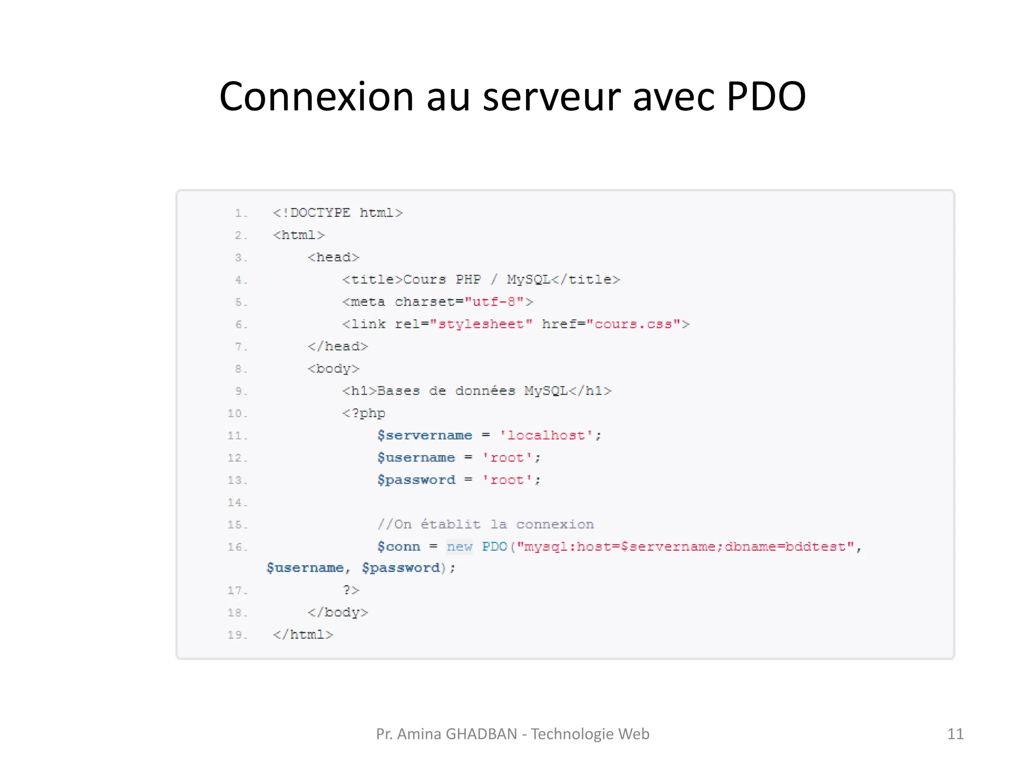 Connexion au serveur avec PDO
Pr. Amina GHADBAN - Technologie Web 11
 
