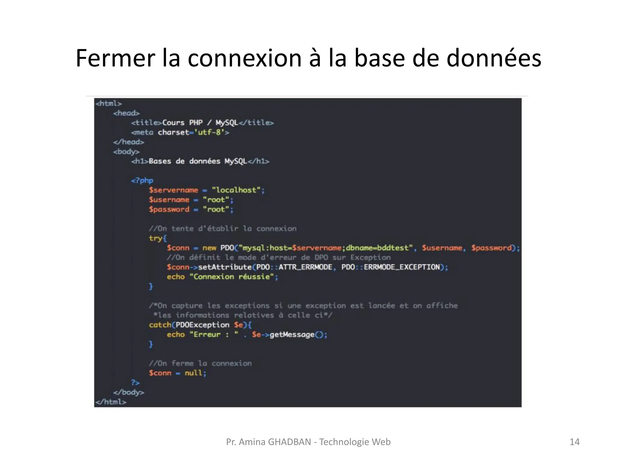 Fermer la connexion à la base de données
Pr. Amina GHADBAN - Technologie Web 14
 