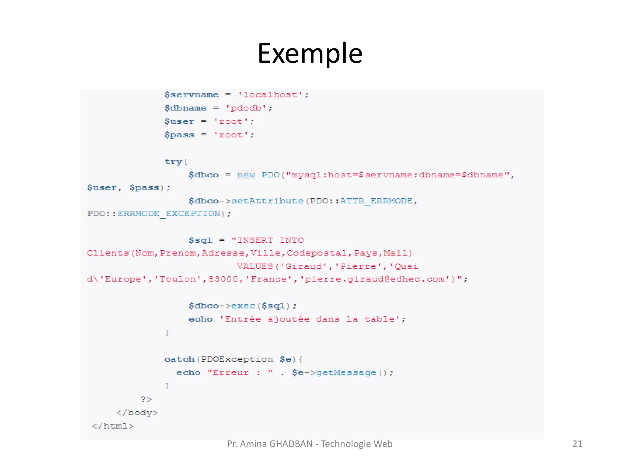 Exemple
Pr. Amina GHADBAN - Technologie Web 21
 