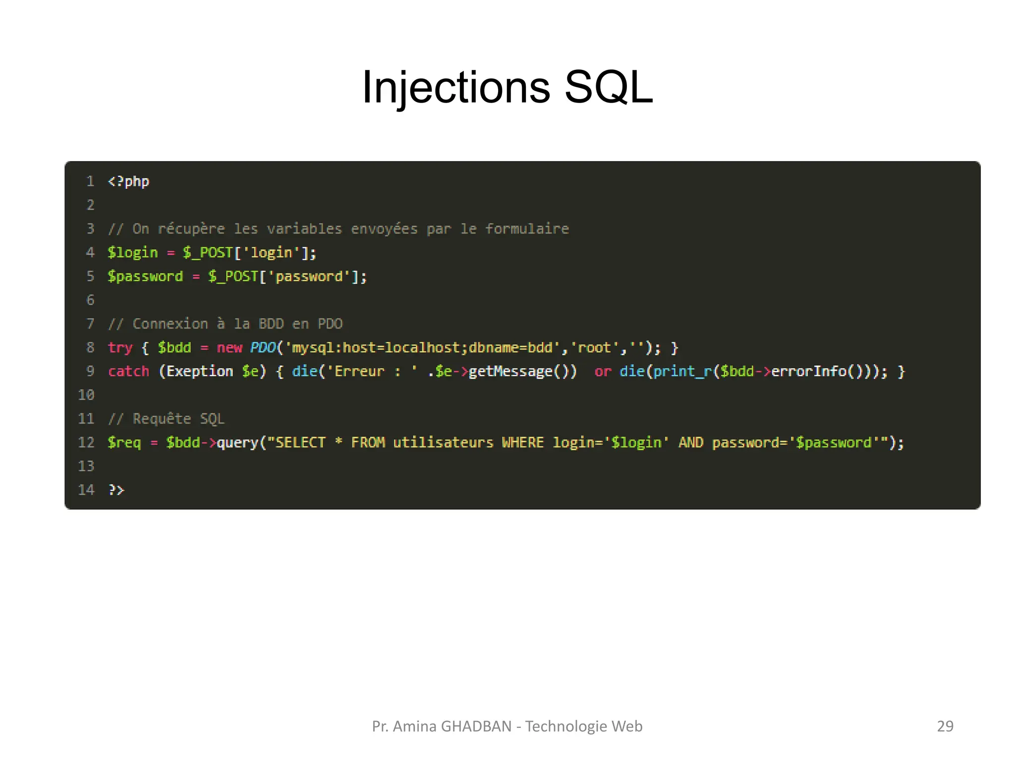 Injections SQL
Pr. Amina GHADBAN - Technologie Web 29
 