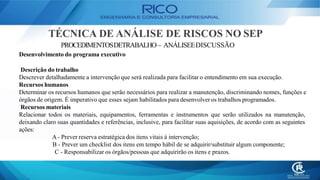 TÉCNICA DE ANÁLISE DE RISCOS NO SEP
PROCEDIMENTOSDETRABALHO– ANÁLISEEDISCUSSÃO
Desenvolvimento do programa executivo
Descrição do trabalho
Descrever detalhadamente a intervenção que será realizada para facilitar o entendimento em sua execução.
Recursos humanos
Determinar os recursos humanos que serão necessários para realizar a manutenção, discriminando nomes, funções e
órgãos de origem. É imperativo que esses sejam habilitados para desenvolver os trabalhos programados.
Recursos materiais
Relacionar todos os materiais, equipamentos, ferramentas e instrumentos que serão utilizados na manutenção,
deixando claro suas quantidades e referências, inclusive, para facilitar suas aquisições, de acordo com as seguintes
ações:
A- Prever reserva estratégica dos itens vitais à intervenção;
B - Prever um checklist dos itens em tempo hábil de se adquirir/substituir algum componente;
C - Responsabilizar os órgãos/pessoas que adquirirão os itens e prazos.
 