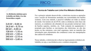 Técnica de Trabalho com Linha Viva Método à Distância
Foi o primeiro método desenvolvido, o eletricista executa as operações
com o auxílio de ferramentas montadas nas extremidades dos bastões
isolantes. Com esse método, é possível trabalhar em todas as classes
de tensão. Em tensões de até 69 kV, onde as distâncias entre fases são
menores, os condutores são afastados de sua posição normal por meio
de bastões suportes, moitões, etc. Todo conjunto de equipamento é
projetado para facilitar os movimentos dos eletricistas, no alto dos
postes ou das estruturas, com total segurança, tanto na manobra das
articulações para afastamento dos condutores como nas manipulações
das cadeias de isoladores.
Nesse método, o eletricista deve observar rigorosamente à distância de
trabalho, ou seja, a sua distância com o condutor energizado.
3,8 kV – 0,64 m
34,5 kV – 0,75 m
69 kV – 0,95 m
138 kV – 1,10 m
230 kV – 1,55 m
345 kV – 2,15 m
500 kV – 3,40 m
As distâncias mínimas para
trabalho em linha viva são
fornecidas a seguir.
 