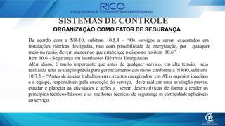 SISTEMAS DE CONTROLE
ORGANIZAÇÃO COMO FATOR DE SEGURANÇA
De acordo com a NR-10, subitem 10.5.4 – “Os serviços a serem executados em
qualquer
instalações elétricas desligadas, mas com possibilidade de energização, por
meio ou razão, devem atender ao que estabelece o disposto no item 10.6”.
Item 10.6 – Segurança em Instalações Elétricas Energizadas
Além disso, é muito importante que antes de qualquer serviço, em alta tensão, seja
realizada uma avaliação prévia para gerenciamento dos riscos conforme a NR10, subitem
10.7.5 – “Antes de iniciar trabalhos em circuitos energizados em AT, o superior imediato
e a equipe, responsáveis pela execução do serviço, deve realizar uma avaliação previa,
estudar e planejar as atividades e ações a serem desenvolvidas de forma a tender os
princípios técnicos básicos e as melhores técnicas de segurança m eletricidade aplicáveis
ao serviço.
 