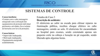 SISTEMAS DE CONTROLE
Estudos de Caso 3
Descrição do acidente:
O eletricista ao subir na escada para efetuar reparos na
iluminação pública, recebeu choque elétrico no cabo
mensageiro, caindo ao solo. O eletricista foi encaminhado
ao hospital para exames, sendo constatado apenas um
pequeno corte na cabeça e luxação no pé esquerdo, sendo
liberado após algumas horas.
Causas imediatas
•Contato com o cabo mensageiro
energizado sem a utilização dos
equipamentos de proteção individual
pertinente a atividade, (luva isolante
de borracha com luva de proteção).
Causas básicas
• Supervisão inadequada;
• Motivação inadequada;
•Equipamento energizado
acidentalmente.
 