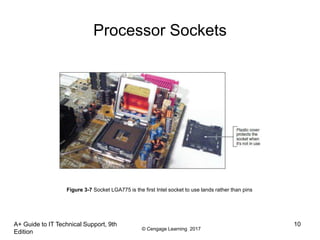 © Cengage Learning 2017
Processor Sockets
A+ Guide to IT Technical Support, 9th
Edition
10
Figure 3-7 Socket LGA775 is the first Intel socket to use lands rather than pins
 