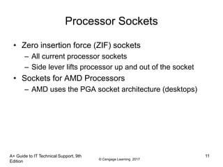© Cengage Learning 2017
A+ Guide to IT Technical Support, 9th
Edition
11
Processor Sockets
• Zero insertion force (ZIF) sockets
– All current processor sockets
– Side lever lifts processor up and out of the socket
• Sockets for AMD Processors
– AMD uses the PGA socket architecture (desktops)
 