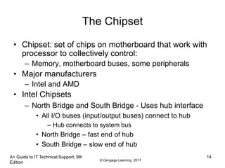 © Cengage Learning 2017
A+ Guide to IT Technical Support, 9th
Edition
14
The Chipset
• Chipset: set of chips on motherboard that work with
processor to collectively control:
– Memory, motherboard buses, some peripherals
• Major manufacturers
– Intel and AMD
• Intel Chipsets
– North Bridge and South Bridge - Uses hub interface
• All I/O buses (input/output buses) connect to hub
– Hub connects to system bus
• North Bridge – fast end of hub
• South Bridge – slow end of hub
 