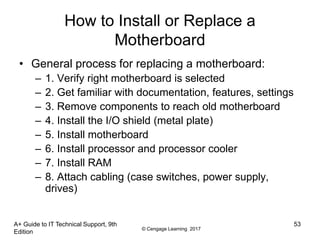© Cengage Learning 2017
A+ Guide to IT Technical Support, 9th
Edition
53
How to Install or Replace a
Motherboard
• General process for replacing a motherboard:
– 1. Verify right motherboard is selected
– 2. Get familiar with documentation, features, settings
– 3. Remove components to reach old motherboard
– 4. Install the I/O shield (metal plate)
– 5. Install motherboard
– 6. Install processor and processor cooler
– 7. Install RAM
– 8. Attach cabling (case switches, power supply,
drives)
 