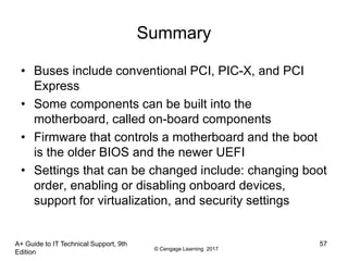 © Cengage Learning 2017
A+ Guide to IT Technical Support, 9th
Edition
57
Summary
• Buses include conventional PCI, PIC-X, and PCI
Express
• Some components can be built into the
motherboard, called on-board components
• Firmware that controls a motherboard and the boot
is the older BIOS and the newer UEFI
• Settings that can be changed include: changing boot
order, enabling or disabling onboard devices,
support for virtualization, and security settings
 
