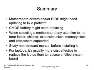 © Cengage Learning 2017
Summary
• Motherboard drivers and/or BIOS might need
updating to fix a problem
• CMOS battery might need replacing
• When selecting a motherboard pay attention to the
form factor, chipset, expansion slots, memory slots,
and processors supported
• Study motherboard manual before installing it
• For laptops, it’s usually more cost effective to
replace the laptop than to replace a failed system
board
A+ Guide to IT Technical Support, 9th
Edition
58
 
