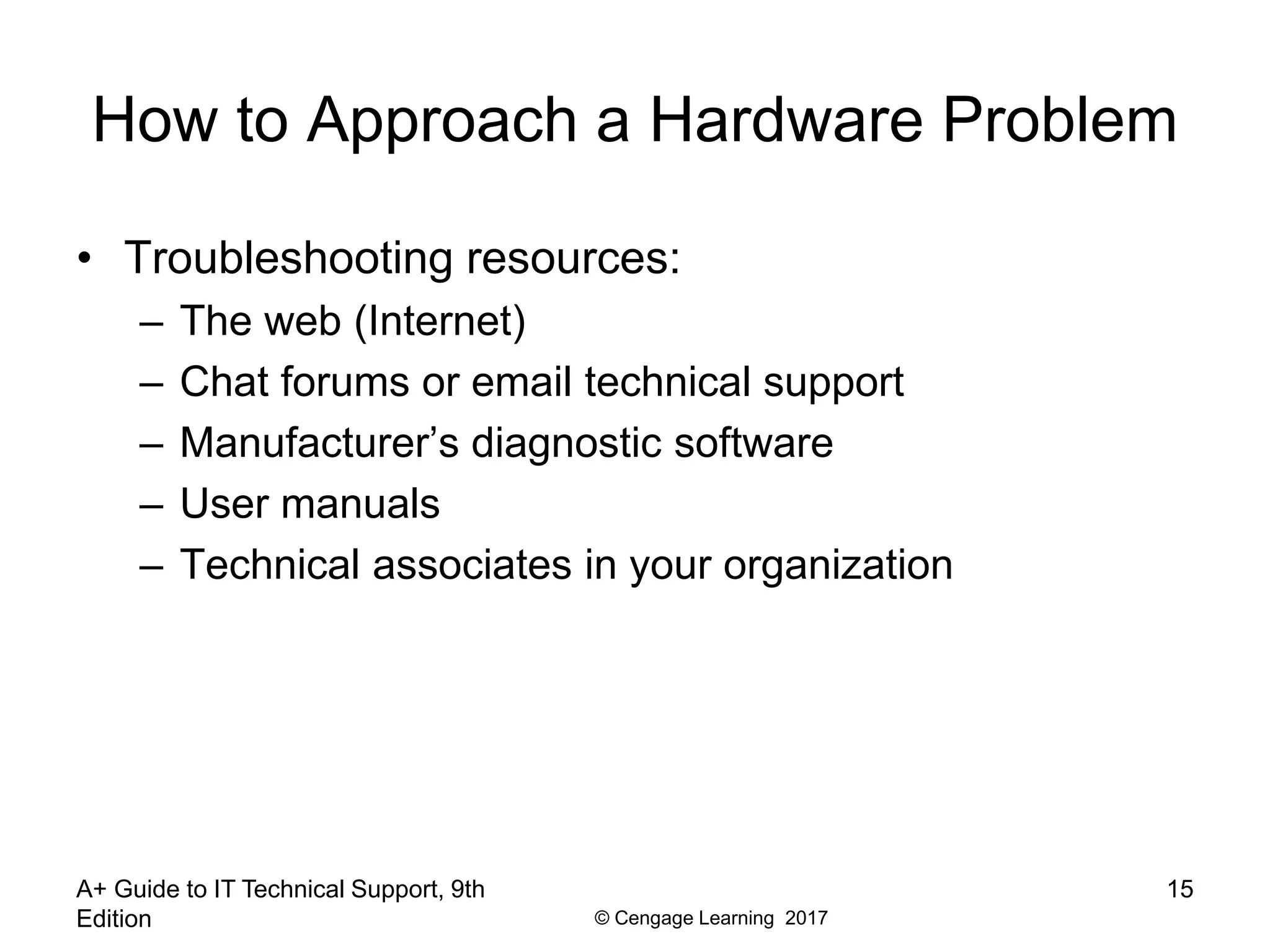 © Cengage Learning 2017
How to Approach a Hardware Problem
• Troubleshooting resources:
– The web (Internet)
– Chat forums or email technical support
– Manufacturer’s diagnostic software
– User manuals
– Technical associates in your organization
A+ Guide to IT Technical Support, 9th
Edition
15
 