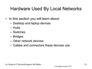 © Cengage Learning 2017
Hardware Used By Local Networks
• In this section you will learn about:
– Desktop and laptop devices
– Hubs
– Switches
– Bridges
– Other network devices
– Cables and connectors these devices use
A+ Guide to IT Technical Support, 9th Edition 12
 