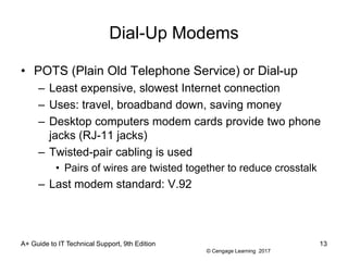 © Cengage Learning 2017
Dial-Up Modems
• POTS (Plain Old Telephone Service) or Dial-up
– Least expensive, slowest Internet connection
– Uses: travel, broadband down, saving money
– Desktop computers modem cards provide two phone
jacks (RJ-11 jacks)
– Twisted-pair cabling is used
• Pairs of wires are twisted together to reduce crosstalk
– Last modem standard: V.92
A+ Guide to IT Technical Support, 9th Edition 13
 