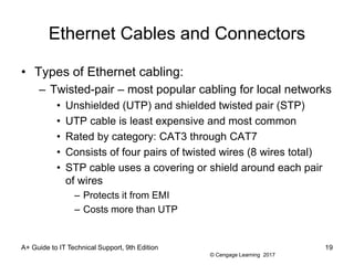 © Cengage Learning 2017
Ethernet Cables and Connectors
• Types of Ethernet cabling:
– Twisted-pair – most popular cabling for local networks
• Unshielded (UTP) and shielded twisted pair (STP)
• UTP cable is least expensive and most common
• Rated by category: CAT3 through CAT7
• Consists of four pairs of twisted wires (8 wires total)
• STP cable uses a covering or shield around each pair
of wires
– Protects it from EMI
– Costs more than UTP
A+ Guide to IT Technical Support, 9th Edition 19
 