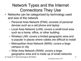 © Cengage Learning 2017
Network Types and the Internet
Connections They Use
• Networks can be categorized by technology used
and size of the network
– Personal Area Network (PAN): consists of personal
devices such as a cell phone and laptop
– Local Area Network (LAN): covers a small local area
such as a home, office, or other building
– Wireless LAN: covers a limited geographic area and
is popular in places where cables are difficult to install
– Metropolitan Area Network (MAN): covers a large
campus or city
– Wide Area Network (WAN): covers a large
geographic area and is made up of small networks
A+ Guide to IT Technical Support, 9th Edition 3
 