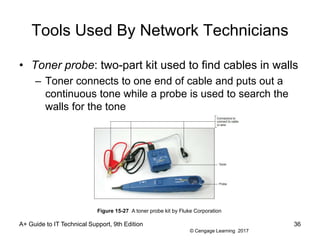 © Cengage Learning 2017
Tools Used By Network Technicians
• Toner probe: two-part kit used to find cables in walls
– Toner connects to one end of cable and puts out a
continuous tone while a probe is used to search the
walls for the tone
A+ Guide to IT Technical Support, 9th Edition 36
Figure 15-27 A toner probe kit by Fluke Corporation
 