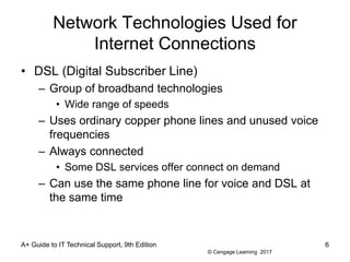 © Cengage Learning 2017
Network Technologies Used for
Internet Connections
• DSL (Digital Subscriber Line)
– Group of broadband technologies
• Wide range of speeds
– Uses ordinary copper phone lines and unused voice
frequencies
– Always connected
• Some DSL services offer connect on demand
– Can use the same phone line for voice and DSL at
the same time
A+ Guide to IT Technical Support, 9th Edition 6
 