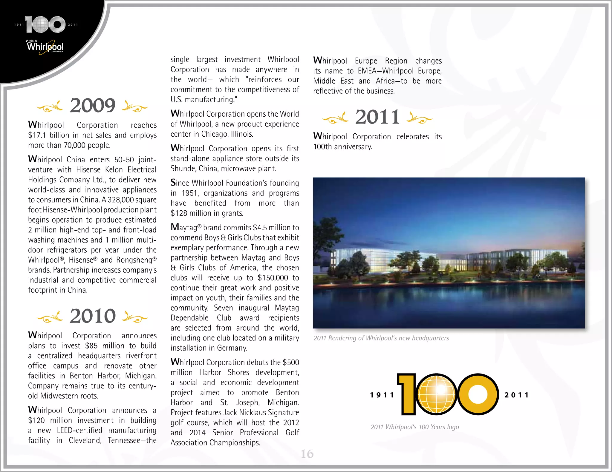 16
2009
Whirlpool Corporation reaches
$17.1 billion in net sales and employs
more than 70,000 people.
Whirlpool China enters 50-50 joint-
venture with Hisense Kelon Electrical
Holdings Company Ltd., to deliver new
world-class and innovative appliances
to consumers in China. A 328,000 square
footHisense-Whirlpoolproductionplant
begins operation to produce estimated
2 million high-end top- and front-load
washing machines and 1 million multi-
door refrigerators per year under the
Whirlpool®, Hisense® and Rongsheng®
brands. Partnership increases company’s
industrial and competitive commercial
footprint in China.
2010
Whirlpool Corporation announces
plans to invest $85 million to build
a centralized headquarters riverfront
office campus and renovate other
facilities in Benton Harbor, Michigan.
Company remains true to its century-
old Midwestern roots.
Whirlpool Corporation announces a
$120 million investment in building
a new LEED-certified manufacturing
facility in Cleveland, Tennessee—the
single largest investment Whirlpool
Corporation has made anywhere in
the world— which “reinforces our
commitment to the competitiveness of
U.S. manufacturing.”
Whirlpool Corporation opens the World
of Whirlpool, a new product experience
center in Chicago, Illinois.
Whirlpool Corporation opens its first
stand-alone appliance store outside its
Shunde, China, microwave plant.
Since Whirlpool Foundation’s founding
in 1951, organizations and programs
have benefited from more than
$128 million in grants.
Maytag® brand commits $4.5 million to
commend Boys & Girls Clubs that exhibit
exemplary performance. Through a new
partnership between Maytag and Boys
& Girls Clubs of America, the chosen
clubs will receive up to $150,000 to
continue their great work and positive
impact on youth, their families and the
community. Seven inaugural Maytag
Dependable Club award recipients
are selected from around the world,
including one club located on a military
installation in Germany.
Whirlpool Corporation debuts the $500
million Harbor Shores development,
a social and economic development
project aimed to promote Benton
Harbor and St. Joseph, Michigan.
Project features Jack Nicklaus Signature
golf course, which will host the 2012
and 2014 Senior Professional Golf
Association Championships.
Whirlpool Europe Region changes
its name to EMEA—Whirlpool Europe,
Middle East and Africa—to be more
reflective of the business.
2011
Whirlpool Corporation celebrates its
100th anniversary.
2011 Whirlpool‘s 100 Years logo
2011 Rendering of Whirlpool’s new headquarters
 