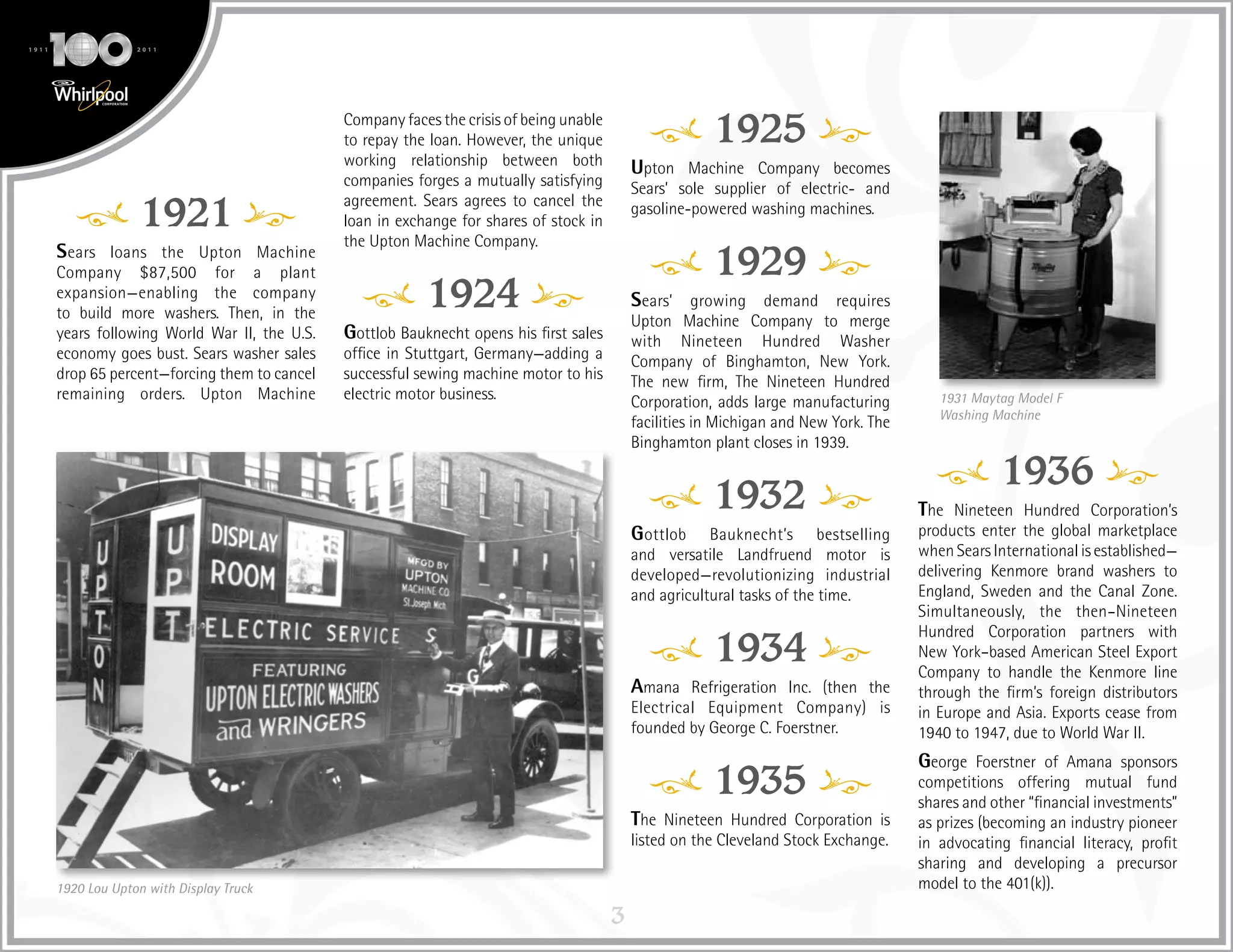3
1921
Sears loans the Upton Machine
Company $87,500 for a plant
expansion—enabling the company
to build more washers. Then, in the
years following World War II, the U.S.
economy goes bust. Sears washer sales
drop 65 percent—forcing them to cancel
remaining orders. Upton Machine
Company faces the crisis of being unable
to repay the loan. However, the unique
working relationship between both
companies forges a mutually satisfying
agreement. Sears agrees to cancel the
loan in exchange for shares of stock in
the Upton Machine Company.
1924
Gottlob Bauknecht opens his first sales
office in Stuttgart, Germany—adding a
successful sewing machine motor to his
electric motor business.
1925
Upton Machine Company becomes
Sears’ sole supplier of electric- and
gasoline-powered washing machines.
1929
Sears’ growing demand requires
Upton Machine Company to merge
with Nineteen Hundred Washer
Company of Binghamton, New York.
The new firm, The Nineteen Hundred
Corporation, adds large manufacturing
facilities in Michigan and New York. The
Binghamton plant closes in 1939.
1932
Gottlob Bauknecht’s bestselling
and versatile Landfruend motor is
developed—revolutionizing industrial
and agricultural tasks of the time.
1934
Amana Refrigeration Inc. (then the
Electrical Equipment Company) is
founded by George C. Foerstner.
1935
The Nineteen Hundred Corporation is
listed on the Cleveland Stock Exchange.
1936
The Nineteen Hundred Corporation’s
products enter the global marketplace
when Sears International is established—
delivering Kenmore brand washers to
England, Sweden and the Canal Zone.
Simultaneously, the then–Nineteen
Hundred Corporation partners with
New York–based American Steel Export
Company to handle the Kenmore line
through the firm’s foreign distributors
in Europe and Asia. Exports cease from
1940 to 1947, due to World War II.
George Foerstner of Amana sponsors
competitions offering mutual fund
shares and other “financial investments”
as prizes (becoming an industry pioneer
in advocating financial literacy, profit
sharing and developing a precursor
model to the 401(k)).1920 Lou Upton with Display Truck
1931 Maytag Model F
Washing Machine
 