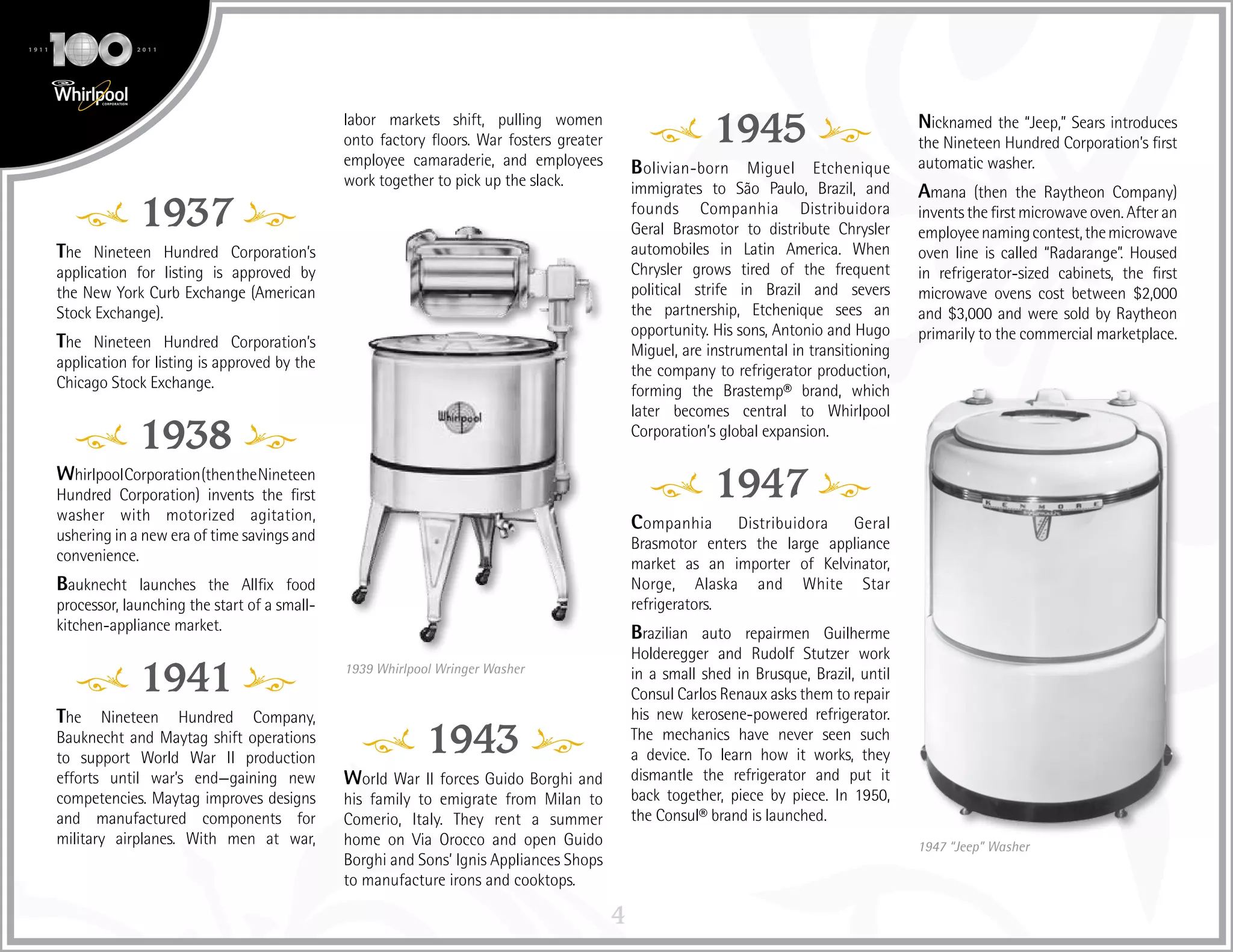 4
1937
The Nineteen Hundred Corporation’s
application for listing is approved by
the New York Curb Exchange (American
Stock Exchange).
The Nineteen Hundred Corporation’s
application for listing is approved by the
Chicago Stock Exchange.
1938
WhirlpoolCorporation(thentheNineteen
Hundred Corporation) invents the first
washer with motorized agitation,
ushering in a new era of time savings and
convenience.
Bauknecht launches the Allfix food
processor, launching the start of a small-
kitchen-appliance market.
1941
The Nineteen Hundred Company,
Bauknecht and Maytag shift operations
to support World War II production
efforts until war’s end—gaining new
competencies. Maytag improves designs
and manufactured components for
military airplanes. With men at war,
labor markets shift, pulling women
onto factory floors. War fosters greater
employee camaraderie, and employees
work together to pick up the slack.
1943
World War II forces Guido Borghi and
his family to emigrate from Milan to
Comerio, Italy. They rent a summer
home on Via Orocco and open Guido
Borghi and Sons’ Ignis Appliances Shops
to manufacture irons and cooktops.
1945
Bolivian-born Miguel Etchenique
immigrates to São Paulo, Brazil, and
founds Companhia Distribuidora
Geral Brasmotor to distribute Chrysler
automobiles in Latin America. When
Chrysler grows tired of the frequent
political strife in Brazil and severs
the partnership, Etchenique sees an
opportunity. His sons, Antonio and Hugo
Miguel, are instrumental in transitioning
the company to refrigerator production,
forming the Brastemp® brand, which
later becomes central to Whirlpool
Corporation’s global expansion.
1947
Companhia Distribuidora Geral
Brasmotor enters the large appliance
market as an importer of Kelvinator,
Norge, Alaska and White Star
refrigerators.
Brazilian auto repairmen Guilherme
Holderegger and Rudolf Stutzer work
in a small shed in Brusque, Brazil, until
Consul Carlos Renaux asks them to repair
his new kerosene-powered refrigerator.
The mechanics have never seen such
a device. To learn how it works, they
dismantle the refrigerator and put it
back together, piece by piece. In 1950,
the Consul® brand is launched.
Nicknamed the “Jeep,” Sears introduces
the Nineteen Hundred Corporation’s first
automatic washer.
Amana (then the Raytheon Company)
invents the first microwave oven. After an
employeenamingcontest,themicrowave
oven line is called “Radarange”. Housed
in refrigerator-sized cabinets, the first
microwave ovens cost between $2,000
and $3,000 and were sold by Raytheon
primarily to the commercial marketplace.
1939 Whirlpool Wringer Washer
1947 “Jeep” Washer
 