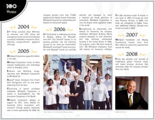 15
2004
Jeff Fettig succeeds Dave Whitman
as chairman and CEO. Fettig and
managementteamcommittothealready
successful embedded innovation effort,
debuting energy-efficient appliance
offerings.
2005
Whirlpool Corporation passes $14 billion
in net sales.
Whirlpool Corporation moves its Asian
regional headquarters and technology
center to Shanghai, China.
Embraco and Multibrás merge,
operating with Whirlpool Corporation
as Whirlpool S.A.
Amana® brand introduces first French
Door Refrigerator with ice and water
dispensing from the door.
Continuing to garner accolades
worldwide, Whirlpool Corporation is
ranked in BusinessWeek’s Top 100
Innovative Companies in the World.
Whirlpool Corporation pledges to
support by 2011, “every Habitat for
Humanity home, everywhere, with
everyone” through product donations,
cash or home sponsorship. By 2009, the
company donates more than 73,000
appliancesforHabitathomes.Fettigtakes
Whirlpool Corporation’s relationship with
Habitat for Humanity® global.
2006
Jeff Fettig leads a challenging purchase
of Maytag, adding the Maytag®,
Jenn-Air® and Amana® brands to its
growing portfolio. Like the historical
success of the three-tier KitchenAid®,
Whirlpool® and Roper® brand structure,
the new Maytag® brands are carefully
selected and managed to reach
a targeted yet broad spectrum of
consumers. Whirlpool Corporation is
now the largest home appliance maker
in the world.
Strengthening its relationship with
Habitat for Humanity, the company
establishes Whirlpool Building Blocks
program—designed to raise awareness
and help eliminate substandard
housing in the United States. In 2006,
the program unites 100 local residents
with 100 Whirlpool employees from
100 Habitat for Humanity affiliates.
The 200 volunteers build 10 houses in
one week. In 2007, 9 houses are built
near Phoenix, Arizona; in 2008, nine
more are completed in Dallas, Texas;
nine additional Atlanta, Georgia–area
homes are built in 2009.
2007
Whirlpool Foundation and Maytag
Foundations donate more than
$9.2 million to community organizations
around the world.
2008
Fettig also presides over periods of
challenging global financial crises,
and makes strategic decisions that
ultimately make the company stronger
than ever before.
2005 Habitat for Humanity Women Build 1 2008 Jeff Fettig
 
