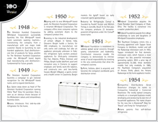 5
1948
The Nineteen Hundred Corporation
(Whirlpool Corporation) successfully
launches the first Whirlpool® brand
name automatic washing machine—
transitioning the company from a
manufacturer with one major trade
customer (Sears) to launching its own
branded appliances. Dual distribution—
one line of products for Sears, another
for The Nineteen Hundred Corporation
under the Whirlpool® brand begins
dual manufacturing and distribution—
fundamental for future growth.
1949
The Nineteen Hundred Corporation
launches a campaign to get national
recognition for the Whirlpool® brand
name, and to expand distribution.
Lou Upton steps down as head of The
Nineteen Hundred Corporation naming
Elisha “Bud” Gray his successor. Gray is
seen as an obvious choice because of
his Midwestern values and extraordinary
business vision.
Amana introduces first side-by-side
refrigerator for the home.
1950
Aligning with its new Whirlpool® brand
push, the Nineteen Hundred Corporation
is renamed Whirlpool Corporation. The
company offers more consumer options
by adding automatic dryers to the
company’s product line.
Investing in the industrial development
of artisan villages in Varese, Italy,
Giovanni Borghi builds a factory for
200 employees to manufacture not
only ovens and cooktops, but also an
appliance previously unknown in Italy:
the refrigerator. Ignis workers produce
appliances for third-party companies
like Fiat, Atlantic, Philco, Emerson and
Philips. Borghi builds lakefront pool and
recreation area in Comerio to support
employee and family work-life balance,
and constructs one- and two-family
houses (Borghi Villages), a sports center
and a health center in Cassinetta. Borghi
markets the Ignis® brand via early
corporate sports sponsorships.
Indústria de Refrigeração Consul is
founded by Rudolf Stutzer and Wittich
Freitag in Joinville, Brazil. In its first year,
the company produces 22 kerosene-
powered refrigerators under the Consul®
brand name.
1951
Whirlpool Foundation is established to
address global social concerns through
grants, volunteerism and leadership.
Contributed resources enable the
company to demonstrate its intrinsic
sense of social responsibility by investing
in the very communities that drive the
company’s success.
LaPorte, Indiana, plant is acquired, and
becomes the company’s worldwide parts
distribution center.
1952
Whirlpool Corporation acquires the
Clyde Porcelain Steel Company of Clyde,
Ohio. The facility is converted into
a washer production plant.
WhirlpoolFoundationawardsfirstcollege
scholarships to sons and daughters of
Whirlpool Corporation employees.
The Raytheon Company enters into a
licensing agreement with Tappan Stove
Company to distribute, market and sell
the Radarange microwave oven. In 1955,
Tappan introduced the first domestic
microwave oven, which feature a more
compact but less powerful microwave
generating system. With a price tag of
approximately $1,300, these domestic
models fare only modestly. In 1965,
the Raytheon Company’s acquisition
of Amana firmly places the Amana
Radarangeonthehomeappliancemarket.
1954
Companhia Distribuidora Geral
Brasmotor changes its name to
Companhia Industrial e Comercial
Brasmotor. The newly named company
embarks on a revamped business model,
developing and producing its own line of
household appliances. The name chosen
for the new line is Brastemp®: Bras for
“Brazil,” and Temp for “temperature.”
Amana patents first self-defrost
refrigerator.
1949 Whirlpool’s first auto washer and dryer pair
 