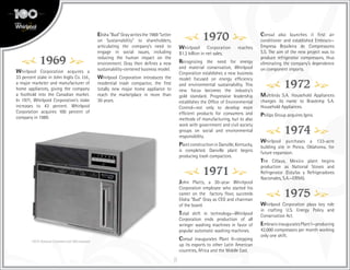 8
1969
Whirlpool Corporation acquires a
33 percent stake in John Inglis Co. Ltd.,
a major marketer and manufacturer of
home appliances, giving the company
a foothold into the Canadian market.
In 1971, Whirlpool Corporation’s stake
increases to 43 percent. Whirlpool
Corporation acquires 100 percent of
company in 1989.
Elisha“Bud”Graywritesthe1969“Letter
on Sustainability” to shareholders,
articulating the company’s need to
engage in social issues, including
reducing the human impact on the
environment. Gray then defines a new
sustainability-centered business model.
Whirlpool Corporation introduces the
residential trash compactor, the first
totally new major home appliance to
reach the marketplace in more than
30 years.
1970
Whirlpool Corporation reaches
$1.2 billion in net sales.
Recognizing the need for energy
and material conservation, Whirlpool
Corporation establishes a new business
model focused on energy efficiency
and environmental sustainability. This
new focus becomes the industry’s
gold standard. Progressive leadership
establishes the Office of Environmental
Control—not only to develop more
efficient products for consumers and
methods of manufacturing, but to also
work with government and civil society
groups on social and environmental
responsibility.
Plant construction in Danville, Kentucky,
is completed. Danville plant begins
producing trash compactors.
1971
John Platts, a 30-year Whirlpool
Corporation employee who started his
career on the factory floor, succeeds
Elisha “Bud” Gray as CEO and chairman
of the board.
Total shift in technology—Whirlpool
Corporation ends production of all
wringer washing machines in favor of
popular automatic washing machines.
Consul inaugurates Plant II—stepping
up its exports to other Latin American
countries, Africa and the Middle East.
Consul also launches it first air
conditioner and established Embraco—
Empresa Brasileira de Compressores
S.S. The aim of the new project was to
produce refrigerator compressors, thus
eliminating the company’s dependence
on component imports.
1972
Multibrás S.A. Household Appliances
changes its name to Brastemp S.A.
Household Appliances.
Philips Group acquires Ignis.
1974
Whirlpool purchases a 133-acre
building site in Ponca, Oklahoma, for
future expansion.
The Célaya, Mexico plant begins
production as National Stoves and
Refrigerator (Estufas y Refrigeradores
Nacionales, S.A.—ERNA).
1975
Whirlpool Corporation plays key role
in crafting U.S. Energy Policy and
Conservation Act.
Embraco inaugurates Plant I—producing
42,000 compressors per month working
only one shift.
1973 Amana Commercial Microwave
 