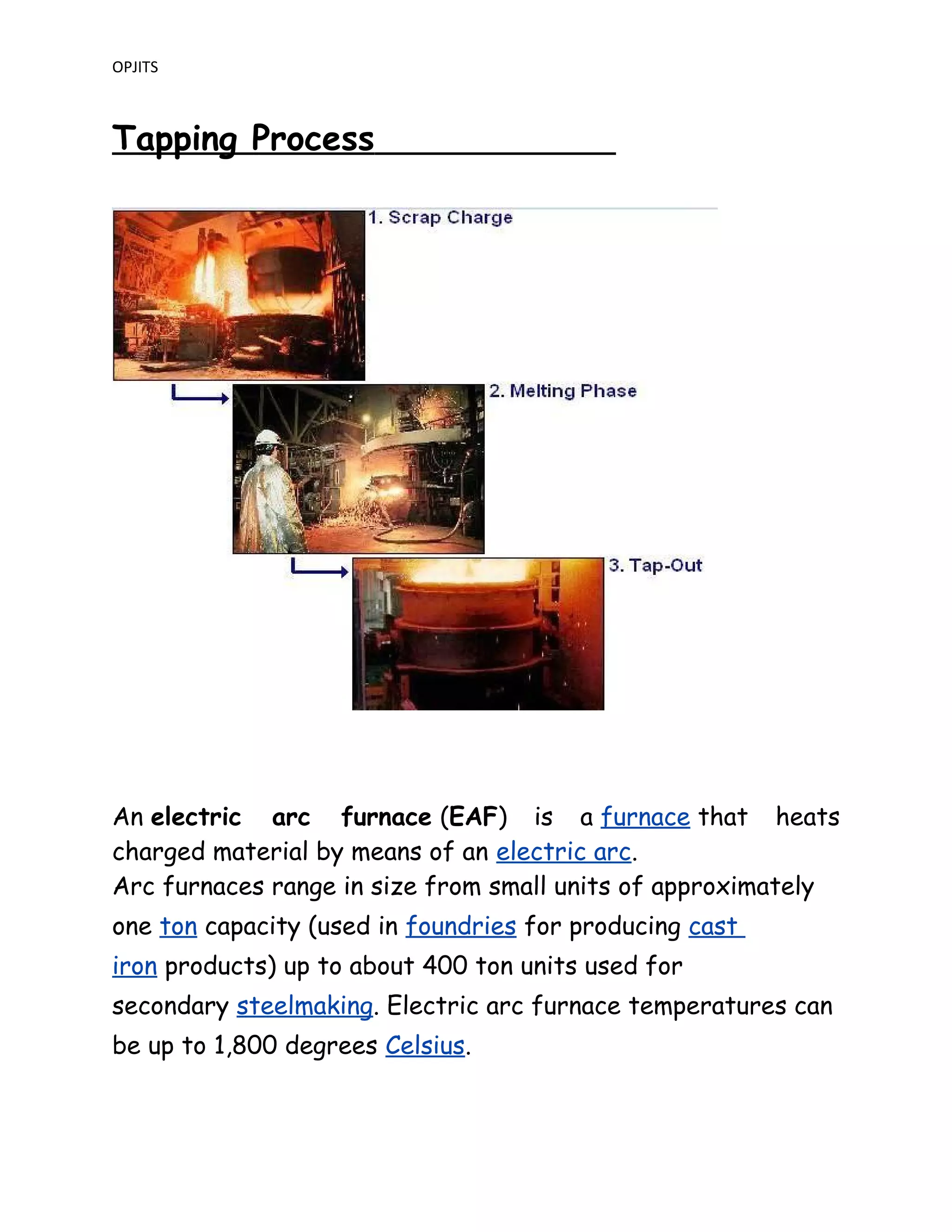 OPJITS
Tapping Process
An electric arc furnace (EAF) is a furnace that heats
charged material by means of an electric arc.
Arc furnaces range in size from small units of approximately
one ton capacity (used in foundries for producing cast
iron products) up to about 400 ton units used for
secondary steelmaking. Electric arc furnace temperatures can
be up to 1,800 degrees Celsius.
 