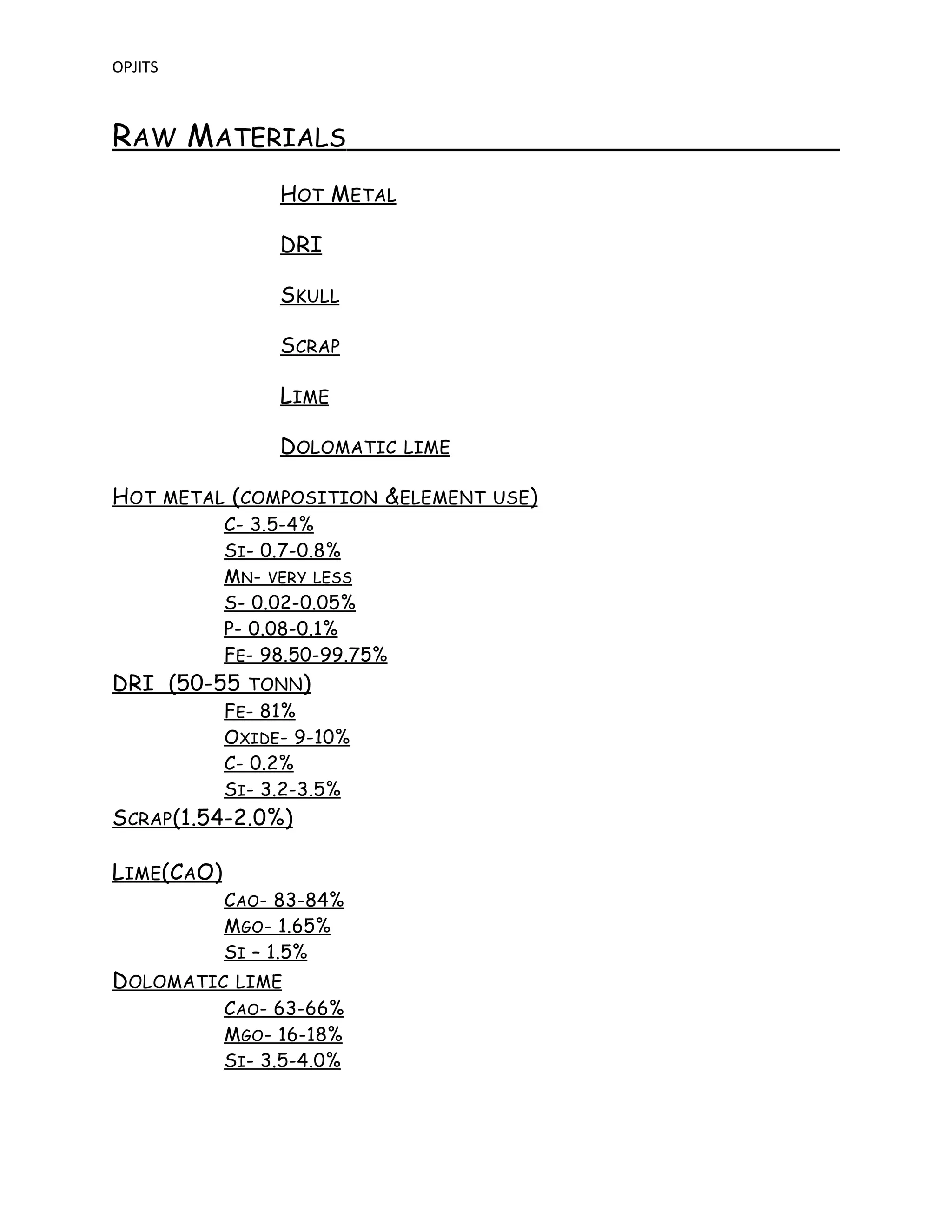 OPJITS
RAW MATERIALS
HOT METAL
DRI
SKULL
SCRAP
LIME
DOLOMATIC LIME
HOT METAL (COMPOSITION &ELEMENT USE)
C- 3.5-4%
SI- 0.7-0.8%
MN- VERY LESS
S- 0.02-0.05%
P- 0.08-0.1%
FE- 98.50-99.75%
DRI (50-55 TONN)
FE- 81%
OXIDE- 9-10%
C- 0.2%
SI- 3.2-3.5%
SCRAP(1.54-2.0%)
LIME(CAO)
CAO- 83-84%
MGO- 1.65%
SI – 1.5%
DOLOMATIC LIME
CAO- 63-66%
MGO- 16-18%
SI- 3.5-4.0%
 