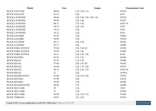 Model Year Engine Transmission Code
BUICK CENTURY 00-04 2.5L 3.0L 3.1L 4T65E
BUICK ENCLAVE 07-12 3.6L 6T75
BUICK LACROSSE 04-09 2.4L 3.0L 3.6L 3.8L 5.3L 4T65E
BUICK LACROSSE 06-09 2.4L 3.0L 4T65E
BUICK LACROSSE 08-12 2.4L 3.0L 6T40 /45
BUICK LACROSSE 09-12 3.0L 3.6L 6T70
BUICK LACROSSE 10-12 2.0L 6T70
BUICK LACROSSE 10-12 2.4L 6T45
BUICK LESABRE 95-97 3.8L 4T60E
BUICK LESABRE 98-05 3.8L 4T65E
BUICK LUCERNE 05-11 3.8L 3.9L 4T65E
BUICK LUCERNE 05-11 4.6L 4T80E
BUICK PARK AVENUE 97-04 3.8L 3.8L SC 4T65E
BUICK PARK AVENUE 07-09 2.8L 3.6L 5L40E
BUICK PARK AVENUE 10-11 2.0L 2.8L 3.6L 6L50
BUICK RAINIER 03-07 4.2L 5.3L 4L60E
BUICK REGAL 95-97 3.1L 3.8L 4T60E
BUICK REGAL 97-04 3.8L 3.8L SC 4T65E
BUICK REGAL 03-08 2.4L 2.5L 3.0L 4T65E
BUICK REGAL 08-12 2.0L 2.4L 2.5L 6T40 /45
BUICK REGAL 12 2.0L AF40-6
BUICK RENDEZVOUS 01-06 3.4L 3.5L 3.6L 4T65E
BUICK RIVIERA 97-99 3.8L 4T65E
BUICK RIVIERA 95-96 3.8L 4T60E
BUICK ROADMASTER 94-96 5.7L 4L60E
BUICK SKYLARK 95 2.3L 3T40
BUICK SKYLARK 97 2.4L 4T40E
BUICK SKYLARK 95-98 2.3L 2.4L 3.1L 4T60E
BUICK TERRAZA 05-07 3.5L 3.9L 4T65E
Create PDF in your applications with the Pdfcrowd HTML to PDF API PDFCROWD
 