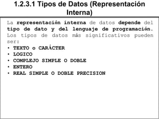 1.2.3.1 Tipos de Datos (Representación
                  Interna)
La representación interna de datos depende del
tipo de dato y del lenguaje de programación.
Los tipos de datos más significativos pueden
ser:
• TEXTO o CARÁCTER
• LOGICO
• COMPLEJO SIMPLE O DOBLE
• ENTERO
• REAL SIMPLE O DOBLE PRECISION
 