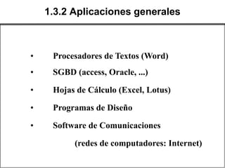 1.3.2 Aplicaciones generales



•    Procesadores de Textos (Word)
•    SGBD (access, Oracle, ...)

•    Hojas de Cálculo (Excel, Lotus)

•    Programas de Diseño

•    Software de Comunicaciones

          (redes de computadores: Internet)
 