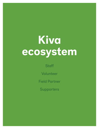 Kiva
ecosystem
Staff
Volunteer
Field Partner
Supporters
 