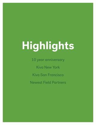 10 year anniversary
Kiva New York
Kiva San Francisco
Newest Field Partners
Highlights
 