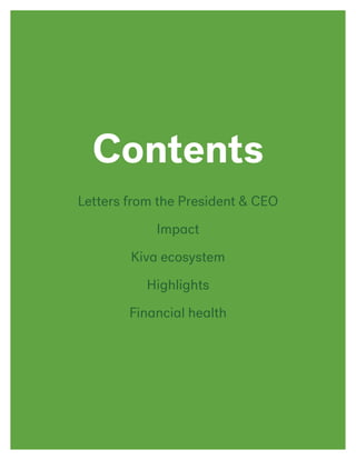 Letters from the President & CEO
Impact
Kiva ecosystem
Highlights
Financial health
Contents
 