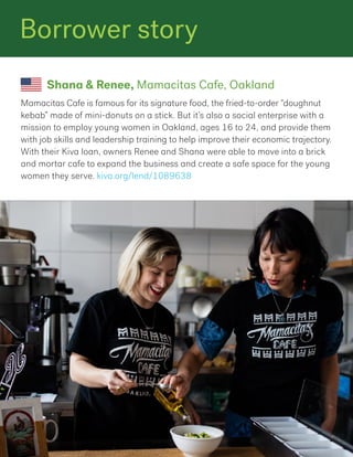 Mamacitas Cafe is famous for its signature food, the fried-to-order “doughnut
kebab” made of mini-donuts on a stick. But it’s also a social enterprise with a
mission to employ young women in Oakland, ages 16 to 24, and provide them
with job skills and leadership training to help improve their economic trajectory.
With their Kiva loan, owners Renee and Shana were able to move into a brick
and mortar cafe to expand the business and create a safe space for the young
women they serve. kiva.org/lend/1089638
Shana & Renee, Mamacitas Cafe, Oakland
Borrower story
 