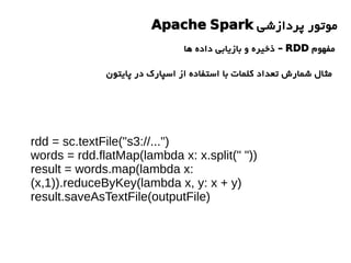 rdd = sc.textFile("s3://...")
words = rdd.flatMap(lambda x: x.split(" "))
result = words.map(lambda x:
(x,1)).reduceByKey(lambda x, y: x + y)
result.saveAsTextFile(outputFile)
‫پردازشی‬ ‫موتور‬Apache Spark
‫مفهوم‬RDD‫ها‬ ‫داده‬ ‫بازیابی‬ ‫و‬ ‫ذخیره‬ –
‫پایتون‬ ‫در‬ ‫اسپارک‬ ‫از‬ ‫استفاده‬ ‫با‬ ‫کلمات‬ ‫تعداد‬ ‫شمارش‬ ‫مثال‬
 