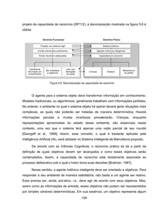 109
projeto de capacidade de raciocínio (DP112), a decomposição mostrada na figura 5.6 é
obtida.
O agente para o sistema objeto deve transformar informação em conhecimento.
Modelos tradicionais, ou algorítmicos, geralmente trabalham com informações perfeitas.
No entanto, o ambiente no qual o sistema objeto irá operar deverá gerar situações mais
complexas, as quais não poderão ser tratadas de maneira determinística. Haverá
informações parciais e muitas incertezas prevalecerão. Crenças, enquanto
representações aproximadas do estado desse ambiente, são essenciais nesse
contexto, uma vez que o sistema terá apenas uma visão parcial de seu mundo
[Georgeff et al., 1999]. Assim, esse conceito, o qual é bastante aplicado pela
Inteligência Artificial (AI), será adotado no Sistema Inteligente de Manufatura proposto.
De acordo com as Ciências Cognitivas, o raciocínio prático se dá a partir da
definição de quais objetivos devem ser alcançados e como esses objetivos serão
contemplados. Assim, a capacidade de raciocínio está diretamente associada ao
processo deliberativo sob o qual o holon toma suas decisões [Bratman, 1987].
Nesse sentido, o agente holônico inteligente deve ser orientado a objetivos. Para
responder a seu ambiente de maneira satisfatória, não basta a um agente ser reativo.
Esse precisa ser, ainda, pró-ativo, i.e., deve agir de acordo com seus objetivos. Mas,
assim como as informações de entrada, esses objetivos não podem ser representados
por simples variáveis determinísticas. Em sua essência, um objetivo representa algum
Figura 5.6: Decomposição da capacidade de raciocínio
 