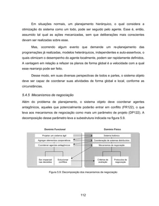 112
Em situações normais, um planejamento hierárquico, o qual considera a
otimização do sistema como um todo, pode ser seguido pelo agente. Esse é, então,
assumido tal qual as ações mecanizadas, sem que deliberações mais conscientes
devam ser realizadas sobre esse.
Mas, ocorrendo algum evento que demande um re-planejamento das
programações já realizadas, modelos heterárquicos, independentes e auto-assertivos, o
quais otimizam o desempenho do agente localmente, podem ser rapidamente definidos.
A vantagem em relação a refazer os planos de forma global é a velocidade com a qual
esse rearranjo pode ser feito.
Desse modo, em suas diversas perspectivas de todos e partes, o sistema objeto
deve ser capaz de coordenar suas atividades de forma global e local, conforme as
circunstâncias.
5.4.5 Mecanismos de negociação
Além do problema de planejamento, o sistema objeto deve coordenar agentes
antagônicos, aqueles que potencialmente poderão entrar em conflito (FR122), o que
leva aos mecanismos de negociação como mais um parâmetro de projeto (DP122). A
decomposição desse parâmetro leva a subestrutura indicada na figura 5.9.
Figura 5.9: Decomposição dos mecanismos de negociação
 